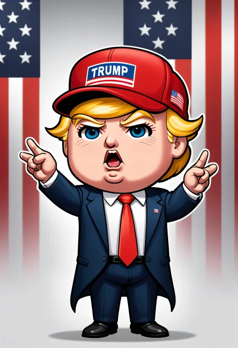 a chibi president trump looking very triumphant. cute. hands up in typical trump fashion. red maga hat.