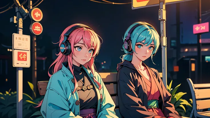 (highest quality,Edo period town、be familiar with,perfect face,beautiful woman listening to music,sitting at the bus stop,cyberpunk look、unusual hair color,soft lighting,Bright colors,sparkling ornaments,night,peaceful atmosphere,Cozy background,expressive...