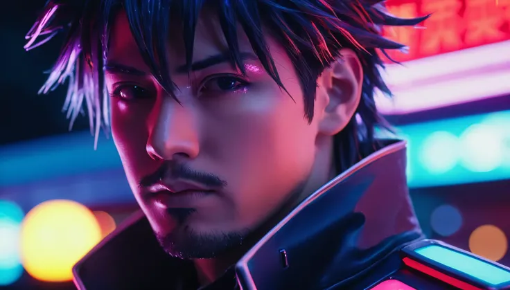 close-up portrait cinematic photo of a beautiful cyberpunk live action version of Tales of Symphonias main character Lloyd Irving with neon lights in a futuristic Japan, Photo at eye level, .35mm photography, film, Bokeh, dark, dystopian, screencap, profes...