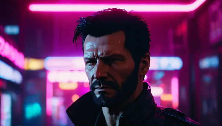 close-up portrait cinematic photo of a beautiful cyberpunk live action version o Max Payne main character Max Payne with neon lights in a futuristic Japan, Photo at eye level, .35mm photography, film, Bokeh, dark, dystopian, screencap, professional, 4k, hi...