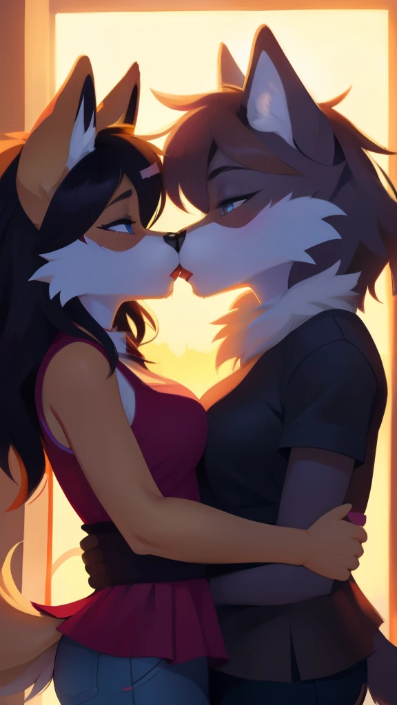 furry, cartoon, lesbians kissing, lesbian kiss, wolves, wolf, art, furry, furry art, messy hair.