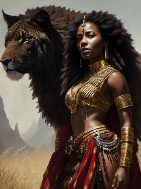 foto completa do corpo da mais bela obra de arte do mundo apresentando um tribal ((fantasia)) mulher guerreira rainha africana , with an outfit made of exotic animal skin,(sentado:1.2),(de_lado:1.3), majestic oil painting by Ed Blinkey, Atey Ghailan, Studi...