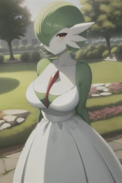 masterpiece, best_quality, 1girl, solo, gardevoir, white dress, creatures (company), game freak, nintendo, pokemon, pokemon (game), bangs, colored skin, feminine focus, big chest, big breasts, pokemon gen 3, green hair, green skin, hair over one eye, multi...