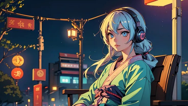 (highest quality,Edo period town、be familiar with,perfect face,beautiful woman listening to music,sitting at the bus stop,cyberpunk look、unusual hair color,soft lighting,Bright colors,sparkling ornaments,night,peaceful atmosphere,Cozy background,expressive...
