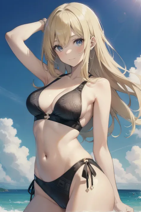 ((2D beautiful girl: 1.5, top-quality: 1.5, Perfect body: 1.1, Slender figure: 1.1, blonde hair: 1.1, Two piece bathing suit: 1.1))

A radiant blonde girl, embodying perfect beauty, stands facing the camera with a beaming smile. Her sun-kissed locks cascad...