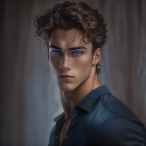 portrait of a handsome male model, 18 years old, black shirt with superman symbol on the front, jean pants, without beard, with wavy hair, blue eyes, defined muscles, fit, ripped body, medium shot, ultra highest detailed face, darmatic lighting, dim light