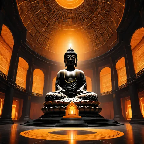 tyndall's principles of light and shadow art，future buddha，temple，rotunda，realistic hyper-detailed rendering，32k uhd，dark orange...