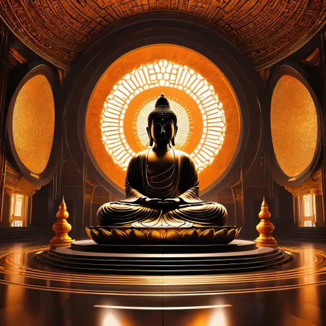 tyndall's principles of light and shadow art，future buddha，temple，rotunda，realistic hyper-detailed rendering，32k uhd，dark orange...