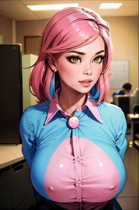 ((Masterpiece, Best)), (1girl), ((Trendy Girl)), Light Pink Hair, Halo, Horn, ((Office Lady)), Bangs, Mid-breasted, (Plump), Slim, Colorful Hair Color, Trendy Clothing, Street Culture