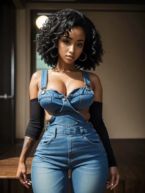 Hyperrealistic close-up photo of Cardi B, chef-d&#39;artwork, best quality, (Photorealistic:1.4), tout le corps, (salopette en jean:1.1), black loose sophisticated curly hairstyle, poser professionnellement pour une séance photo, montrant les seins et la c...