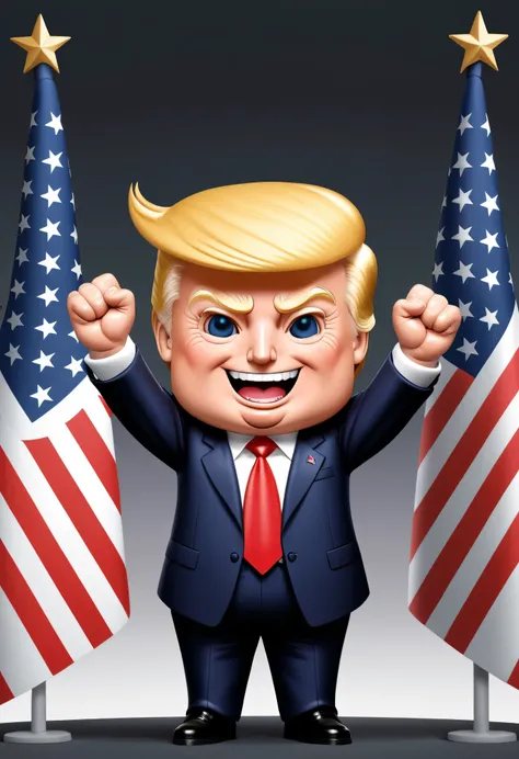 a chibi president trump looking very triumphant. cute. hands up in typical Trump fashion. red MAGA hat. smiling