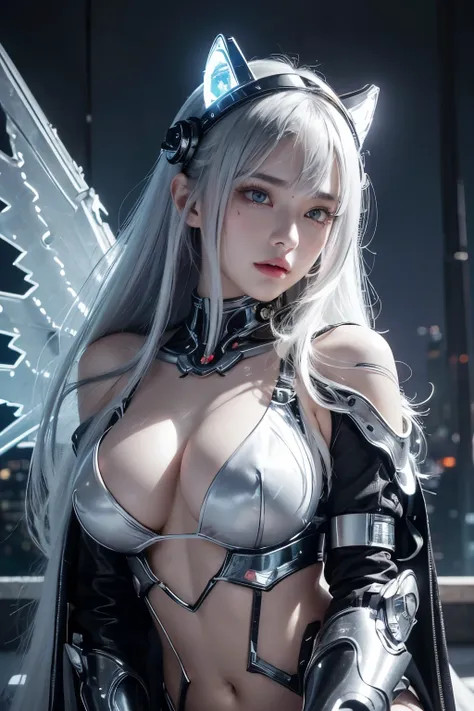 top-quality、​masterpiece、超A high resolution、(Photorealsitic:1.4)、Raw photo、Battle Cyborg Angel、large wings made of metal、White porcelain body、Acrylic Clear Cover、white  hair、glowy skin、1 Cyborg Girl、((super realistic details))、portlate、globalillumination、S...