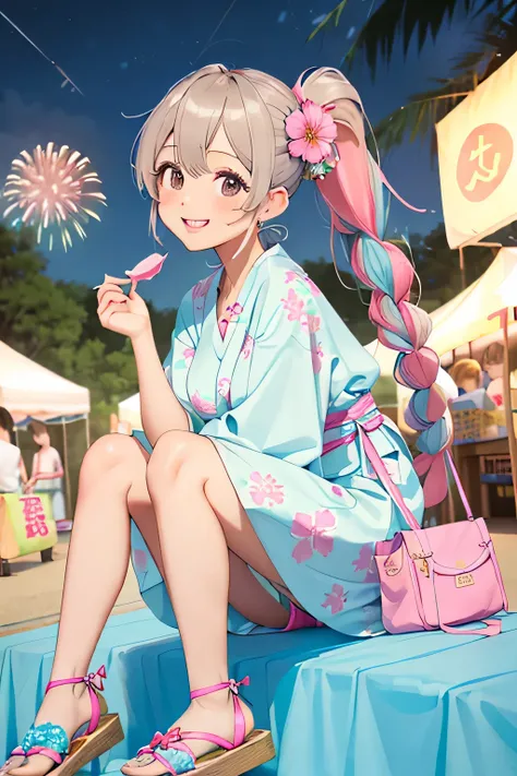 High resolution、detailed background、highest quality、((three beautiful teenage women))、cute hairstyle、huge breasts、smile、Choose a yukata with a floral pattern or pastel colors、Please wear flat sandals on your feet..、Add accents with a basket bag or headband...