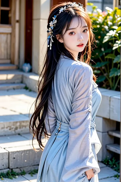 （surreal,）4k,35mm,photography，Ultra high detail, professional lighting, best quality, ultra high resolution, visually stunning, (1 girl:1.3), (dark blue色主题:1.2), light gray background, dark blue, wuxia,Chinese style,Hanfu,Bright wind,Genuine Leather,