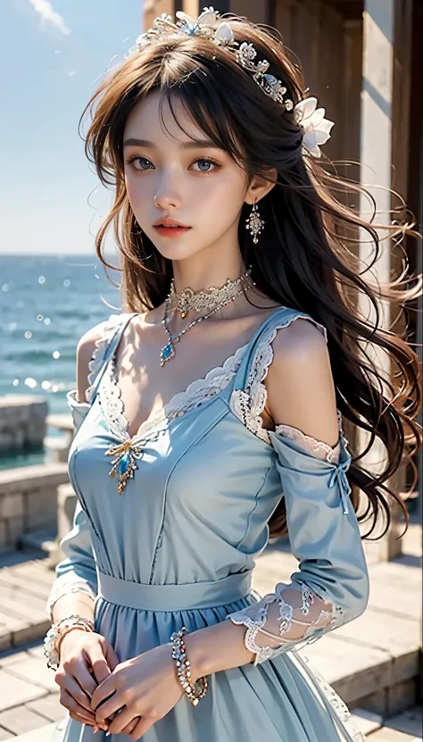 Detailed facial sculpting，1 lady，(Orange Lace Lolita Maxi Dress)，(Elegant light blue long hair)，Exquisite jewelry all over the body，collar，Anklet，head chain，Lace-trimmed socks，(lolita shoes)， is a perfect face， perfect hands， perfect hands指， perfect lips， ...