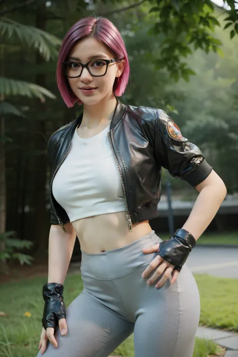 1 girl, (masterpiece), (best quality), standing, (solo), looking at viewer, high detailed,extremely detailed, fine eyes, smile,dynamic pose, short pink hair,cap,crop top, jacket,fingerless glove,curvy,forest,glasses,(gray leggings),(portrait:1.2),