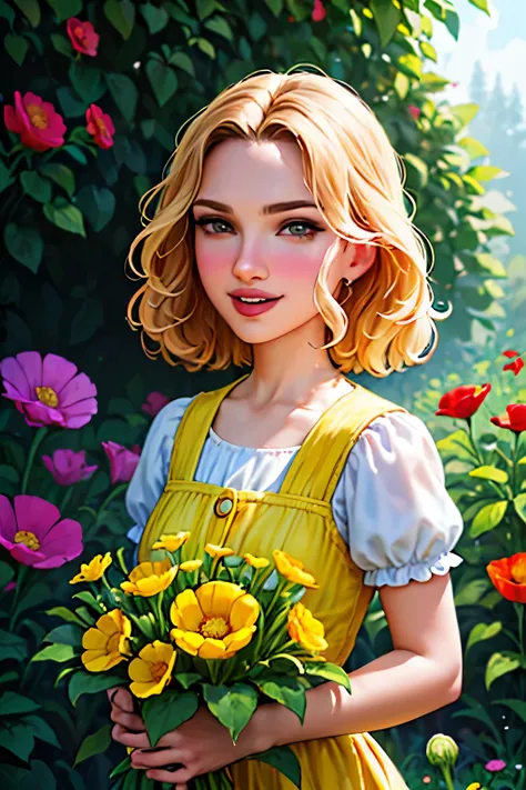 (pixarstyle: 1.25) portrait of a , natalie portman, smiles, waist length with flower basket overgrown with poppy flower, natural...