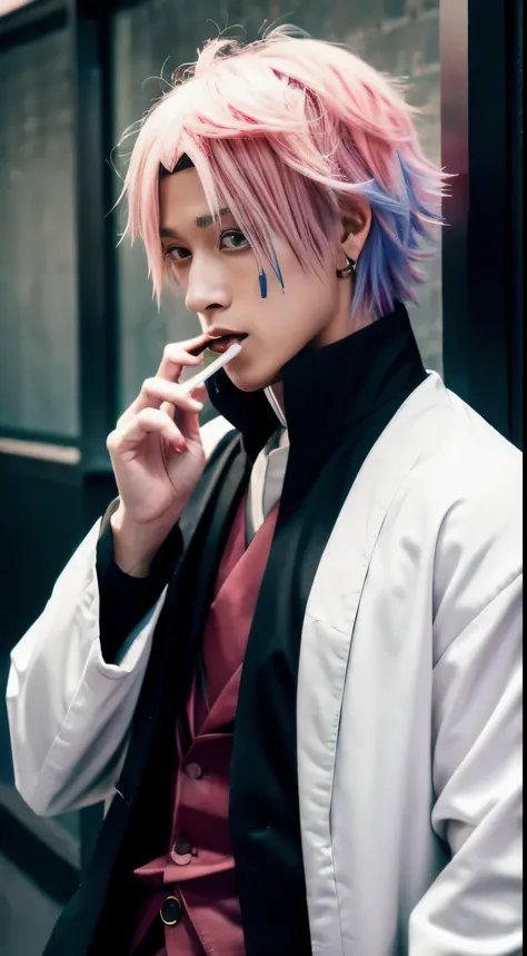 Sukuna from Anime Jujutsu Kaisen, masterpiece, ultra detailed, best quality, ]anime guy with pink hair and a black jacket holding a cigarette, joker looks like naruto, , akiyuki shinbou, jujutsu kaisen, , akatsuki akira, ichigo kurosaki, ohararyu, katsushi...