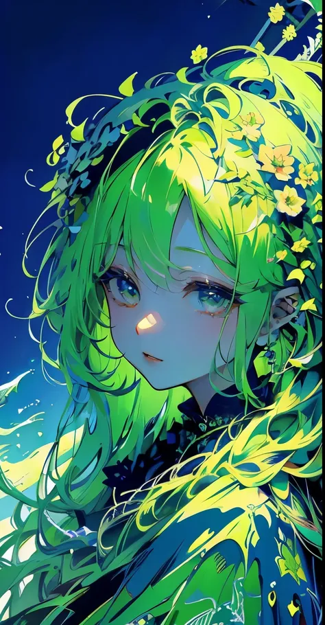 (masterpiece, top quality, best quality, official art, beautiful and aesthetic:1.2), (1girl:1.3), (fractal art:1.3), card, tarot, green hair, twin braids, hair flower, (good lighting:1.1), ((highres)), Tarot card style