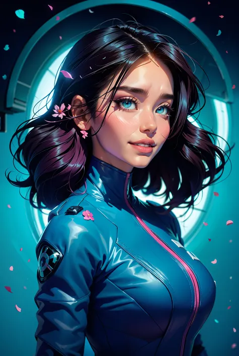 cyberpunk female woman wearing (chromatic accents:1.1), sleek pink and White bodysuit, side view turning to face camera, (Petal Blush, Lagoon Blue color background:1.3), amazing smile, looking at camera, 1980’s style poster