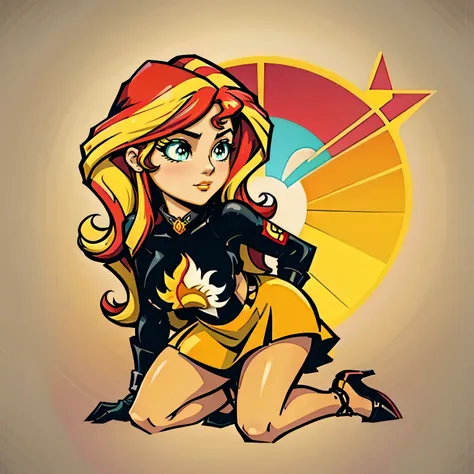 sticker, (solid outline:1.2), (nsfw:1.2), sunset shimmer kneeling down wearing a red skirt with red shoes and black gloves on he...