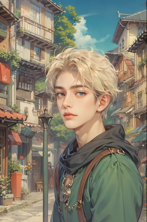 ((Best quality)), ((masterpiece)), (detailed), ((perfect face)), ((halfbody)) handsome face, male, teen boy,  perfect proportions , a male character hero from Ghibli anime, detailed town background, detailed scenery background 