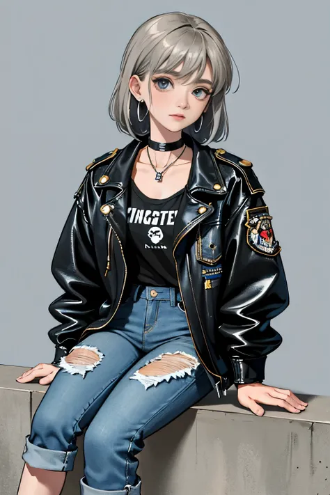 (masterpiece:1.2, highest quality), (1 female, alone, Upper body:1.2), hair: Circular cut, clothing: extra large, Distressed denim jacket with patches and pins, Paired with black skinny jeans and combat boots, accessories: silver hoop earrings and black ch...