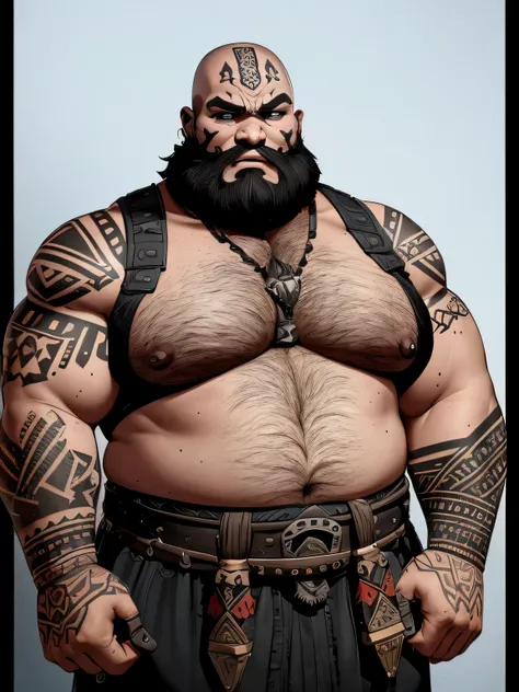 A fat blacksmith goliath with tribal face tattoos, powerful arms, a bald head, large beard, and a friendly expression