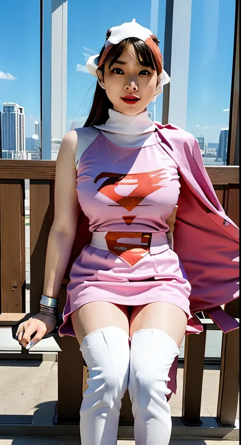 Highest image quality、real image、super detailed photo、18-year-old美少女、ポニーテールbeautiful woman、beautiful sister、A woman wearing a pink dress and cloak is squatting in front of a building,spread legs、showwhitepanties,whitepanties,white panties、beautiful woman、J...