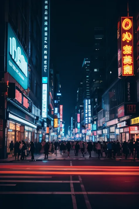 bustling street,neon,night