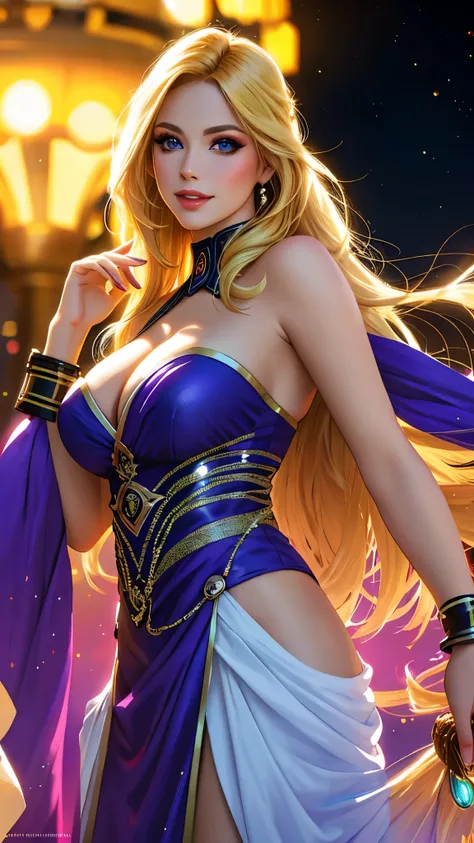 (best quality,ultra-detailed,photo-realistic:1.37),bright and vibrant colors,studio lighting,playful expression,stylish makeup,long blonde hair flowing in the wind,alluring eyes,glossy lips,sexy pose, Sith, Star Wars, smiling in a confident and seductive w...