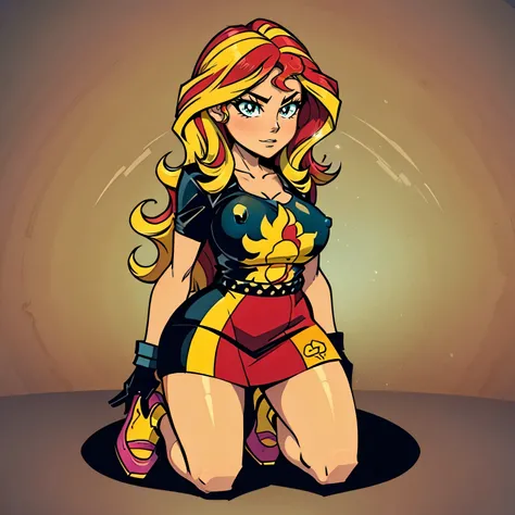 STICKER, (solid outline:1.2), (NSFW:1.2), Sunset Shimmer aged 25, Sunset Shimmer kneeling down, red skirt, red shoes, black gloves, big bare breasts, black jacket open, breasts exposed, smooth nipples, shoes visible, long wavy red and yellow hair, full bod...