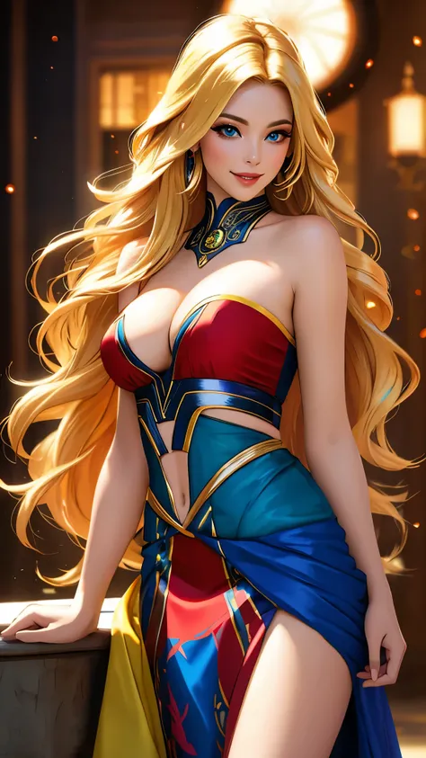 (best quality,ultra-detailed,photo-realistic:1.37),bright and vibrant colors,studio lighting,playful expression,stylish makeup,long blonde hair flowing in the wind,alluring eyes,glossy lips,sexy pose, Sith, Star Wars, smiling in a confident and seductive w...