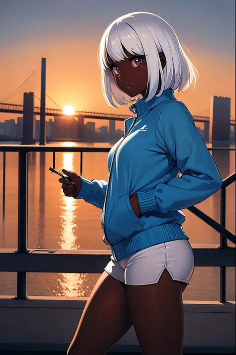 1 girl, dark skin, white hair, tight running shorts, loose shirt, loose jacket, sunset city, bridge background