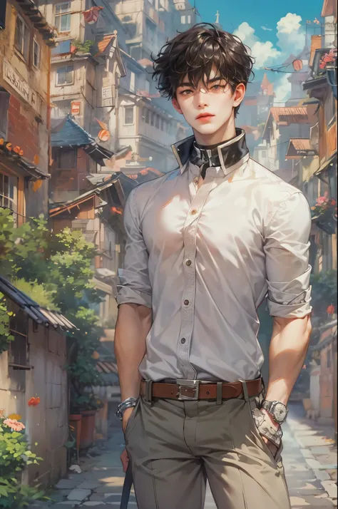 ((Best quality)), ((masterpiece)), (detailed), ((perfect face)), ((halfbody)) handsome face, male, teen boy,  perfect proportions , a male character hero from Ghibli anime, phantom thief boy, detailed town background, detailed scenery background 