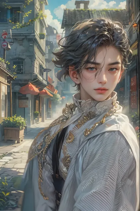 ((Best quality)), ((masterpiece)), (detailed), ((perfect face)), ((halfbody)) handsome face, male, teen boy,  perfect proportions , a male character hero from Ghibli anime, phantom thief boy, detailed town background, detailed scenery background 