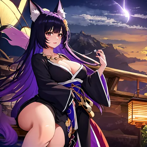 a woman wearing detailed dark purple kimono, on a mountain, with the sky thundering purple, kitsune ear
