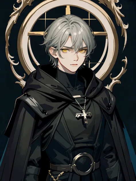 (masterpiece, best quality), solo, 1 male, adult, mature, tall muscular guy, Dark theme, finely detailed eyes and detailed face, intricate details, Fantasy, short hair, gray hair, yellow eyes, black cloak with mantle and hood, silver cross necklace, black ...