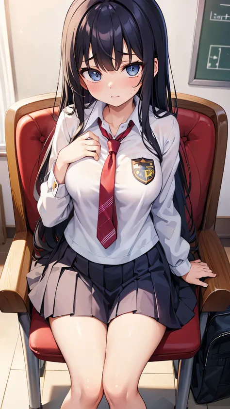 love, teen, girl, jewelry, school uniform, beautiful eyes, looking at the camera, sweat, focus face, mind control, chair, anime, bra