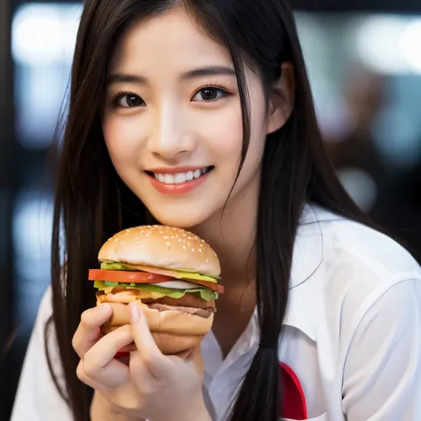 11:11 TOP QUALITY, In 8K, ) Neat atmosphere,black hair, highly detailed face and skin, double eyelid, Eating a hamburger at McDonalds,small breasts, smile, shoulder length hair,