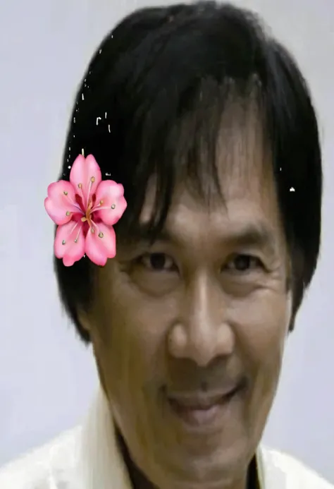 arafed man with a flower in his hair smiling for the camera, inspired by Miyamoto, daigo ikeno, keng lye, john jude palencar, god emperor bongbong marcos, inspired by Willie Ito, (((luke chueh))), thawan duchanee, nuttavut baiphowongse, kentaro