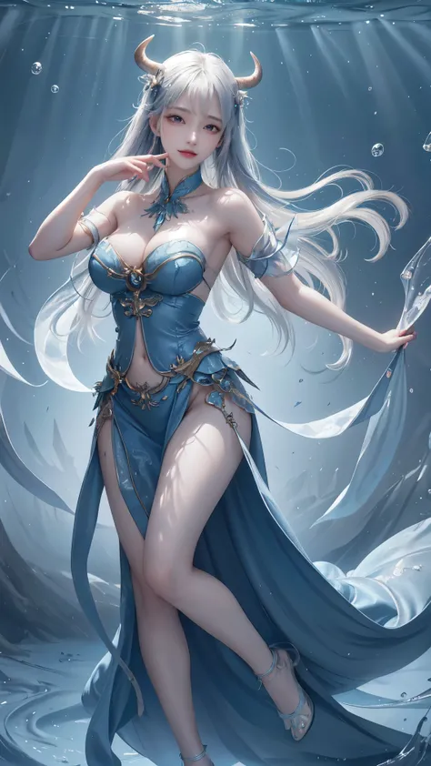 gufeng,bare shoulders,best quality，masterpiece，ultra high resolution，clear face,（realism：1.4），original photo，cold light，Woman underwater，Full body image，wallpaper anime blue water，Gurwitz-style artwork，water magic closeup fantasy，author：Yang Jie，Gurwitz，A ...