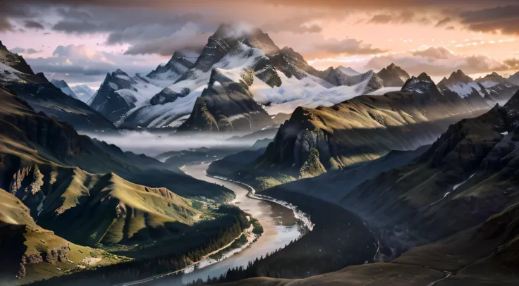 mountains with a river running through them under a cloudy sky, an amazing landscape image, marc adamus, most epic landscape, epic landscape, dreamy landscape, mountainscape, max rive, amazing landscape, a surreal dream landscape, sunset in a valley, ether...