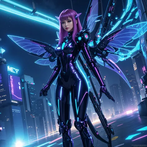 a beautiful cyber fairy, medium hair, beautiful body, shiny wings, wearing a futuristic cyber dress in a futuristic city