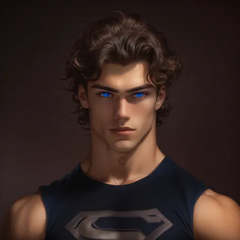 portrait of a handsome male model, 18 years old, black shirt with superman symbol on the front, jean pants, without beard, with wavy hair, blue eyes, defined muscles, fit, ripped body, medium shot, ultra highest detailed face, darmatic lighting, dim light