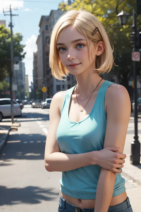 Sideways glance, facing towards me, clear blue eyes, blonde bob hair, red cheeks, hairpin, cleavage, tank top, no make-up, slouching, shorts, upper body, shyness, abs, smile, street tree,