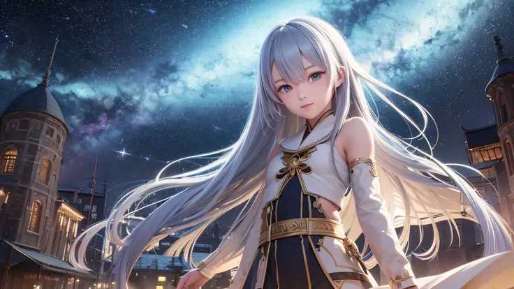 (best quality,4k,8k,highres,masterpiece:1.2),ultra-detailed,tabletop:1.6,figure,extremely detailed,details,best quality,8k wallpaper,movie lighting,15-year-old Japanese junior high school student, long hair,serious gaze,under the starry sky,singing on a sm...