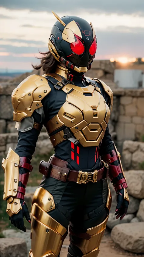 A woman adorned in fantasy-style full-body armor, a crown-concept fully enclosed helmet that unveils only her eyes, a composite layered chest plate, fully encompassing shoulder and hand guards, a lightweight waist armor, form-fitting shin guards, the overa...