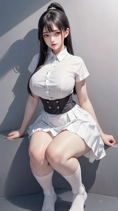 1 lady,12 years old,dark hair,Beautiful ponytail hairstyle, (high waist skirt:1.3),, (White shirt:1.3), (Double breasted,underbust:1.2), short sleeves, Button gap,moan,,Sweaty shirts,Sweaty thighs,half squat,legs spread,My crotch is wet,lift up skirt,Wansu...