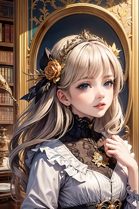 (best quality,8K,CG),detailed upper body, Victorian girl, detailed library interior background,complex facial features,elegant long curly hair,almond-shaped big eyes,detailed eye makeup,long eyelashes,twinkling stars,exquisite lip details,soft and harmonio...